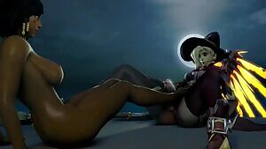 Pharah gives Mercy a footjob