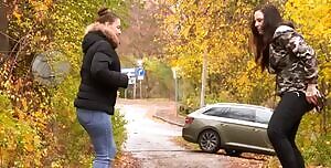 Accidentally peeing on her jeans leg