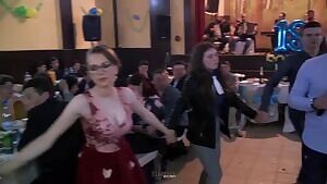 Busty blonde with glasses bouncing big boobs at a wedding