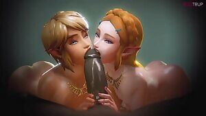 Link and Zelda fighting for Ganon's Triforce