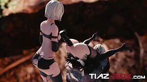 A2 & 2B having a bit of fun w/ a dildo,