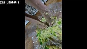 Mixing green jello, and coconut cream. With my toes😇