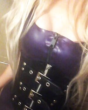 My purple latex dress, corset and clear heels 😈