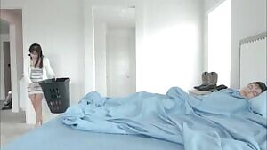 milf mom watches her little daughter taking care of her stepbrother's morning wood