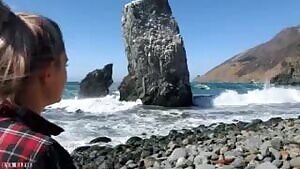 Russian beauty girl swallows hot cum on California beach