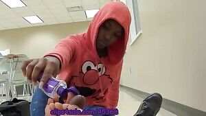 Using her feet in an empty classroom to make him cum in less than 60 seconds