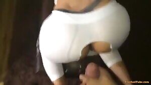 cumming on her ripped white leggings