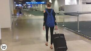 Real couple fucking in an airport bathroom after she was away from home for two weeks.