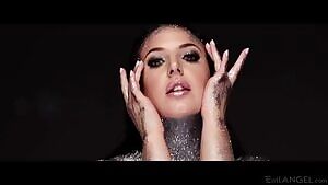 Angela White covered in glitter, squirting everywhere, lube dumping out of her ass, and getting a facial.