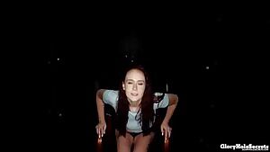 Playful Alice Coxxx strokes the cum onto her tongue.