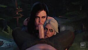 Yennefer and Ciri servicing Geralt