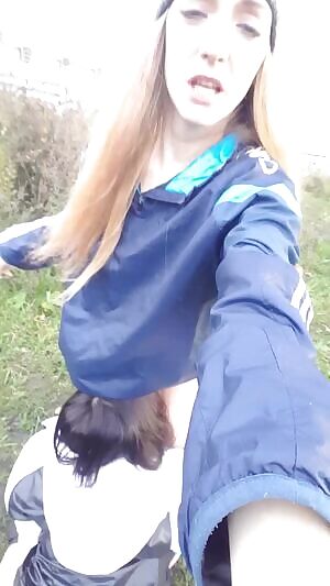 Asian Girl Goes Down on Friend Outside