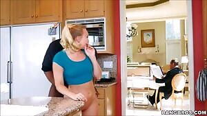 AJ Applegate sex in the kitchen while daddy is reading the newspaper