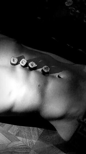 Mistress using her little slave as her table and Sushi platter