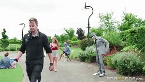 Busty chick fucked by a creepy human statue