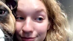 Petite grey-eyed blonde in fuzzy sweater flashes