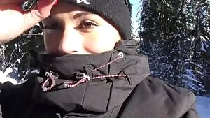 Teen Public Flash In Snowboard In Mountain