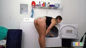 Pig-tailed cutie Kandy Summer does the laundry