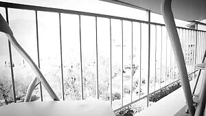 My wife legs open and upskirt on the balcony