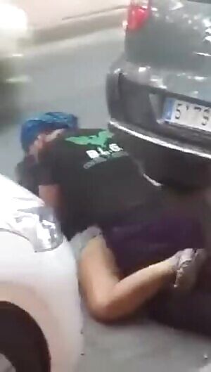 Sex on the roadway between the cars. Drunk Big ass milf